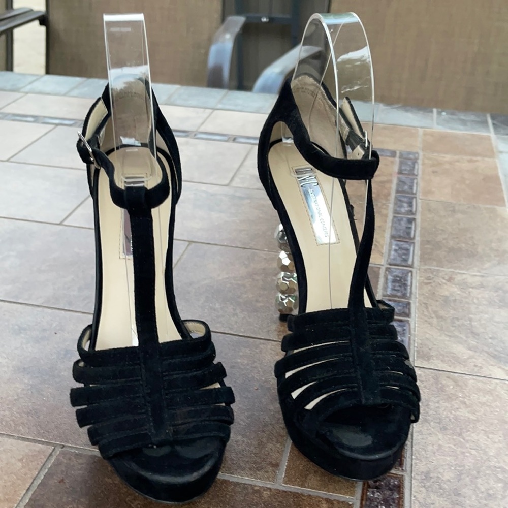 INC International Concepts Black Suede Open Toed Heels with Ankle Buckle